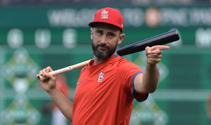 Aug 26, 2021; Pittsburgh, Pennsylvania, USA; St. Louis Cardinals infielder Matt Carpenter (13) gestures at the batting cage before the game against the Pittsburgh Pirates at PNC Park. Mandatory Credit: Charles LeClaire-USA TODAY Sports